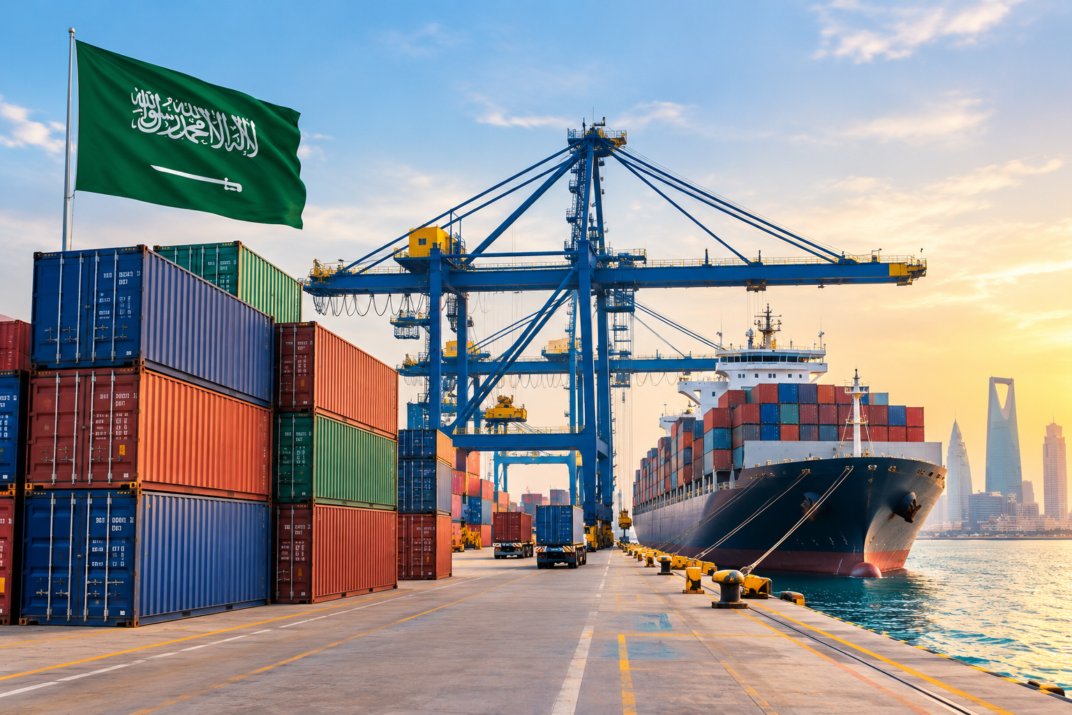 Shipping containers waiting for customs clearance at a Saudi Arabian port